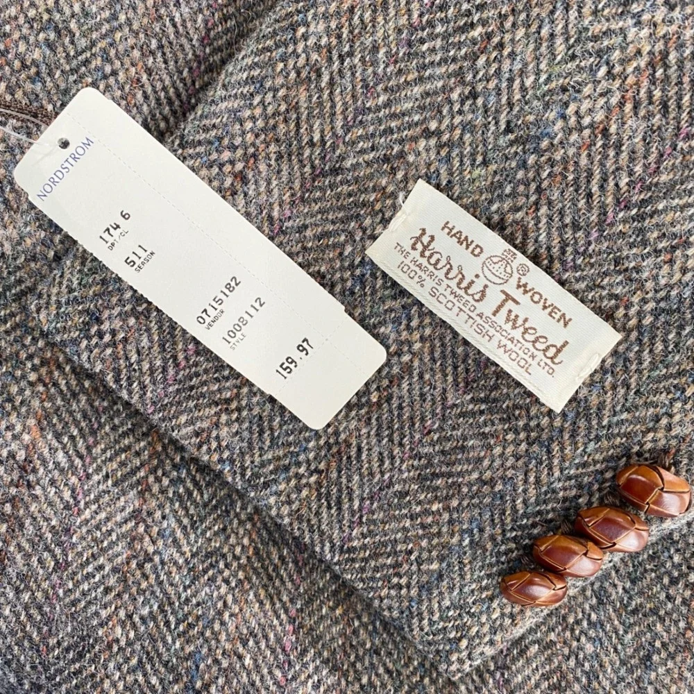 Merit Harris Tweed Grey Herringbone Wool Blazer Sport Coat 44L Tailored in USA